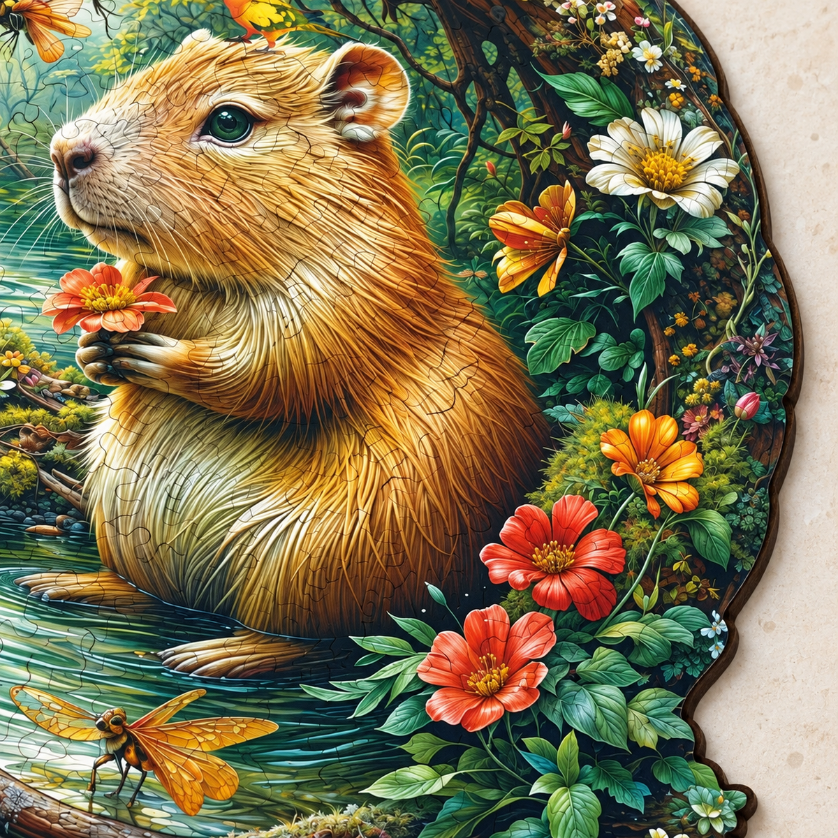 Capybara Woodland Pond Wooden Jigsaw Puzzle – Flowers & Forest Friends