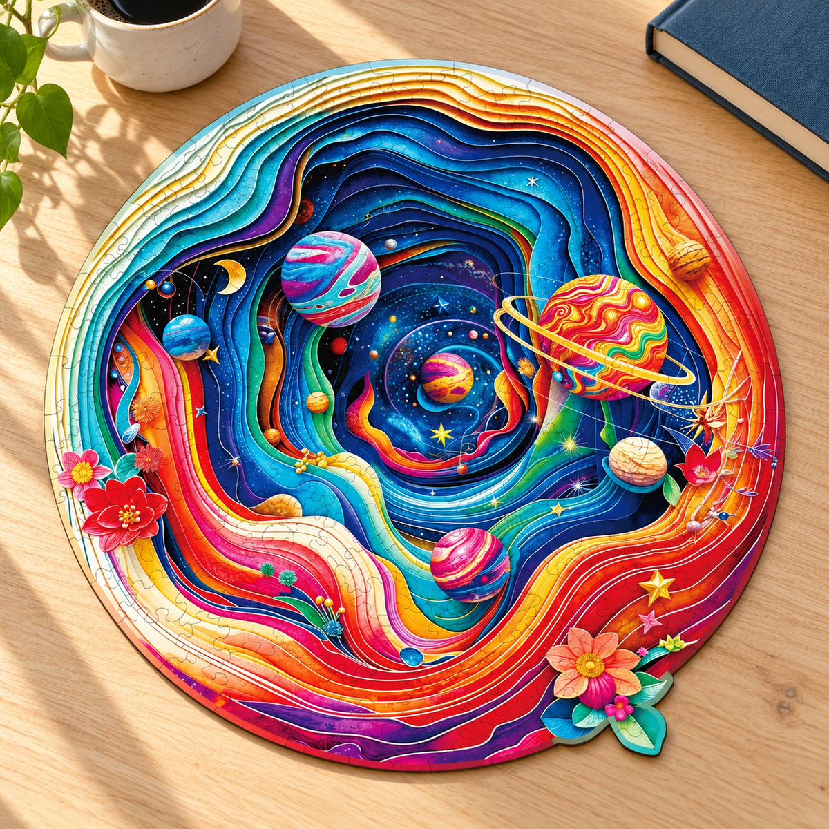 Rainbow Galaxy Wooden Jigsaw Puzzle – Colorful Planets & Cosmic Art