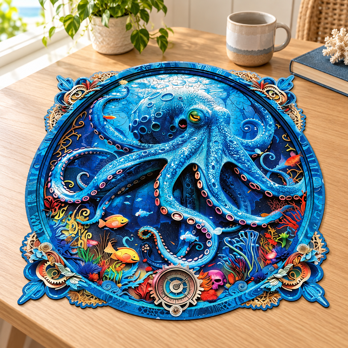 Azure Abyss Wooden Jigsaw Puzzle – Octopus & Ornate Underwater Art