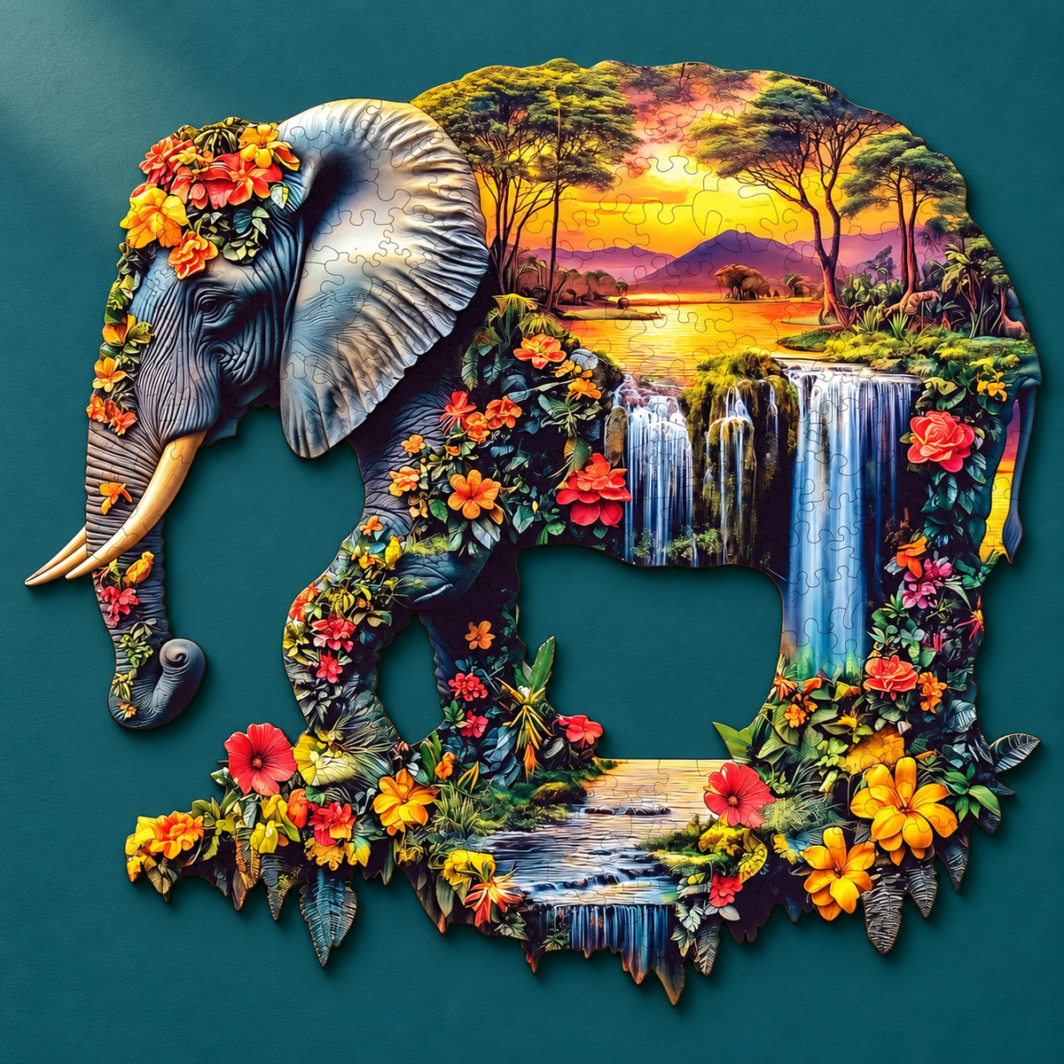 Sunset Elephant Oasis Wooden Jigsaw Puzzle – Waterfall & Floral Wildlife Art