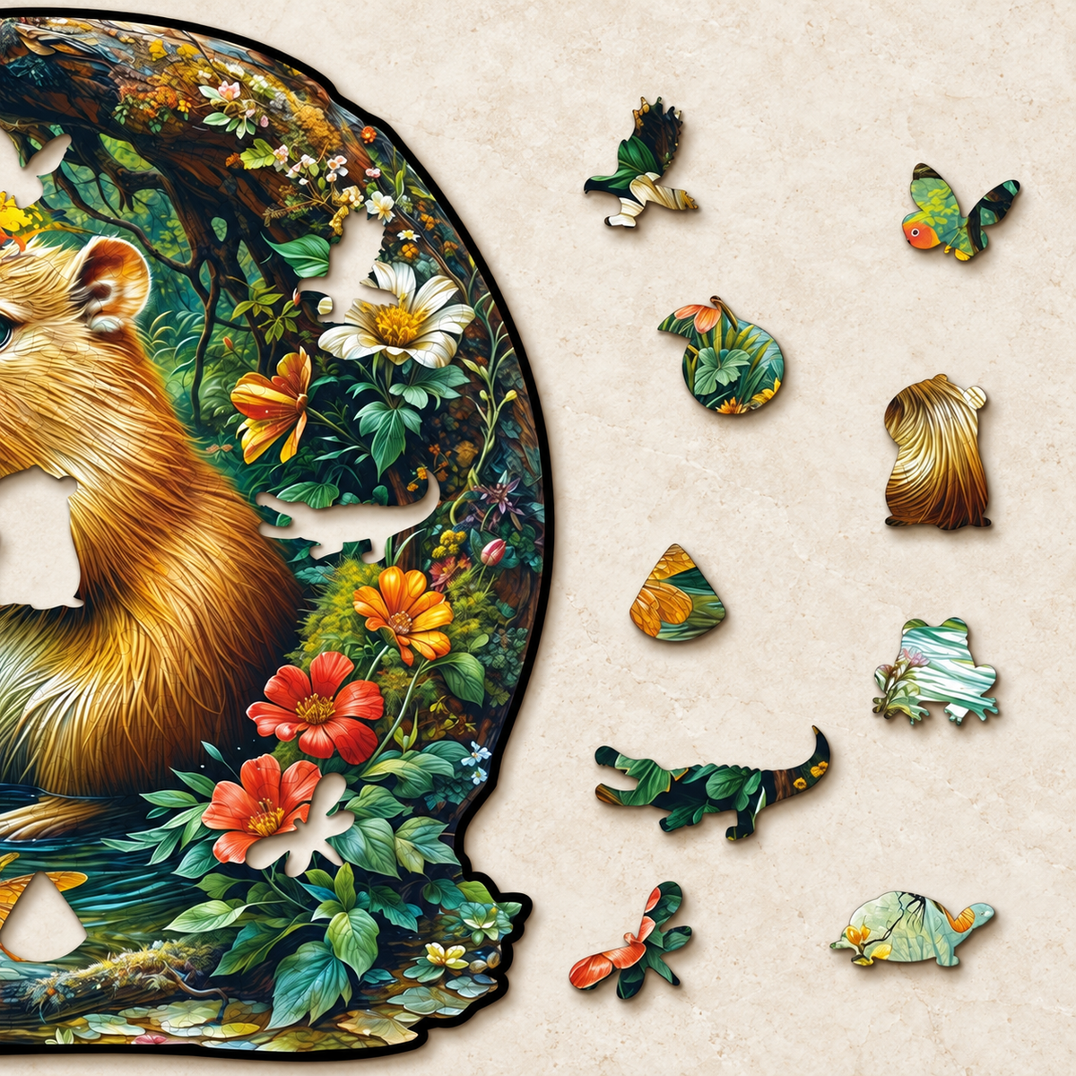 Capybara Woodland Pond Wooden Jigsaw Puzzle – Flowers & Forest Friends