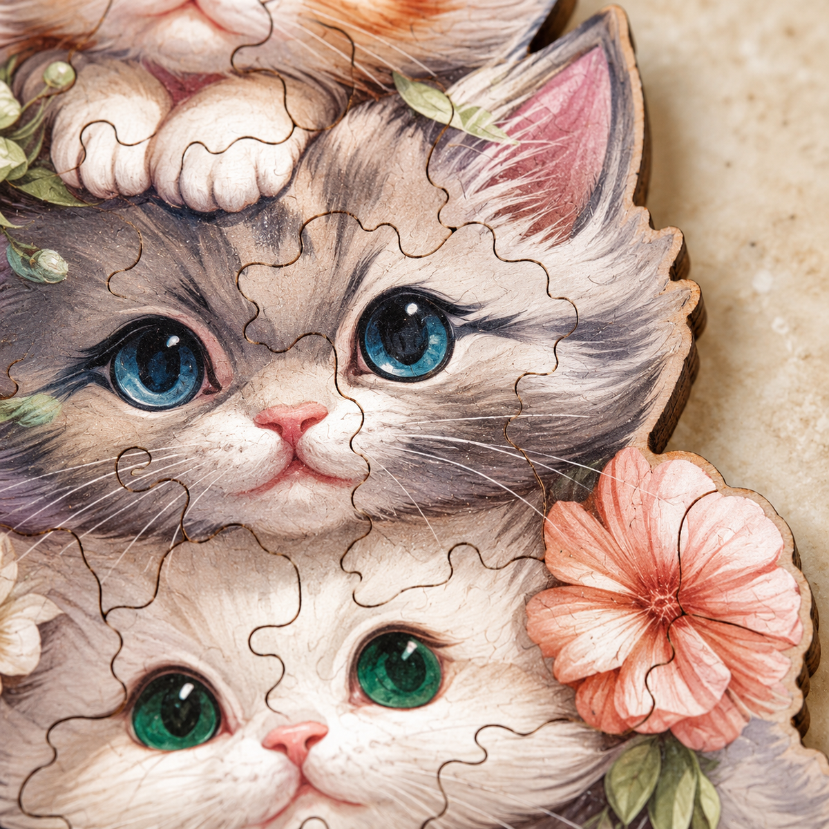 Blossom Kitten Stack Wooden Jigsaw Puzzle – Four Cats & Floral Art
