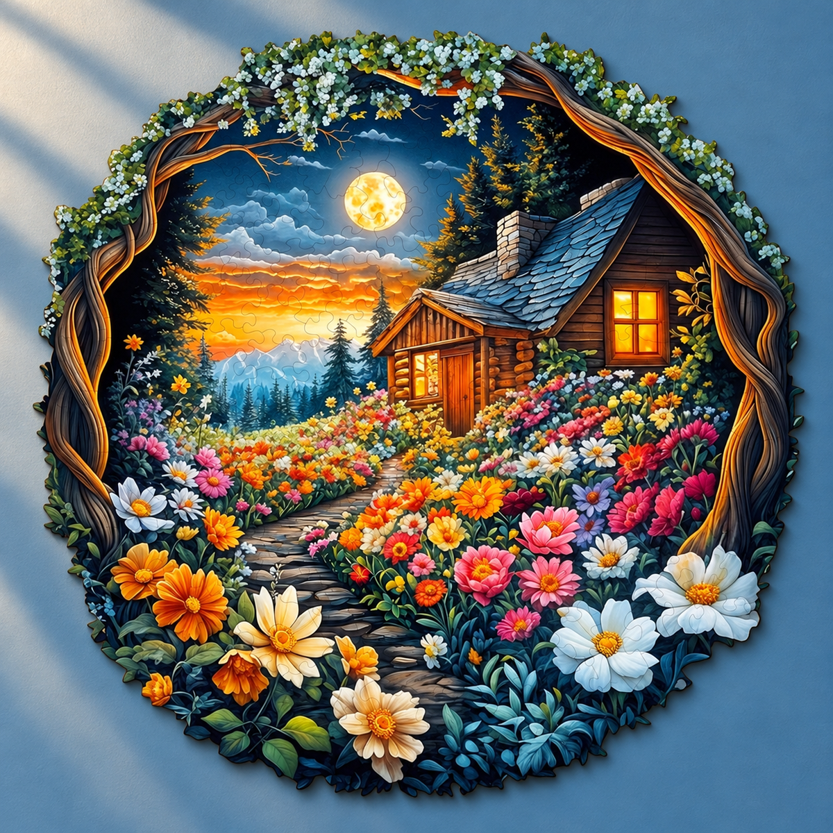 Moonlit Wildflower Cottage Wooden Jigsaw Puzzle – Forest Cabin & Garden Art
