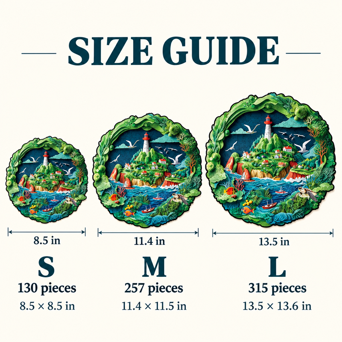 Lighthouse Cove Wooden Jigsaw Puzzle – Coastal Village & Ocean Wildlife