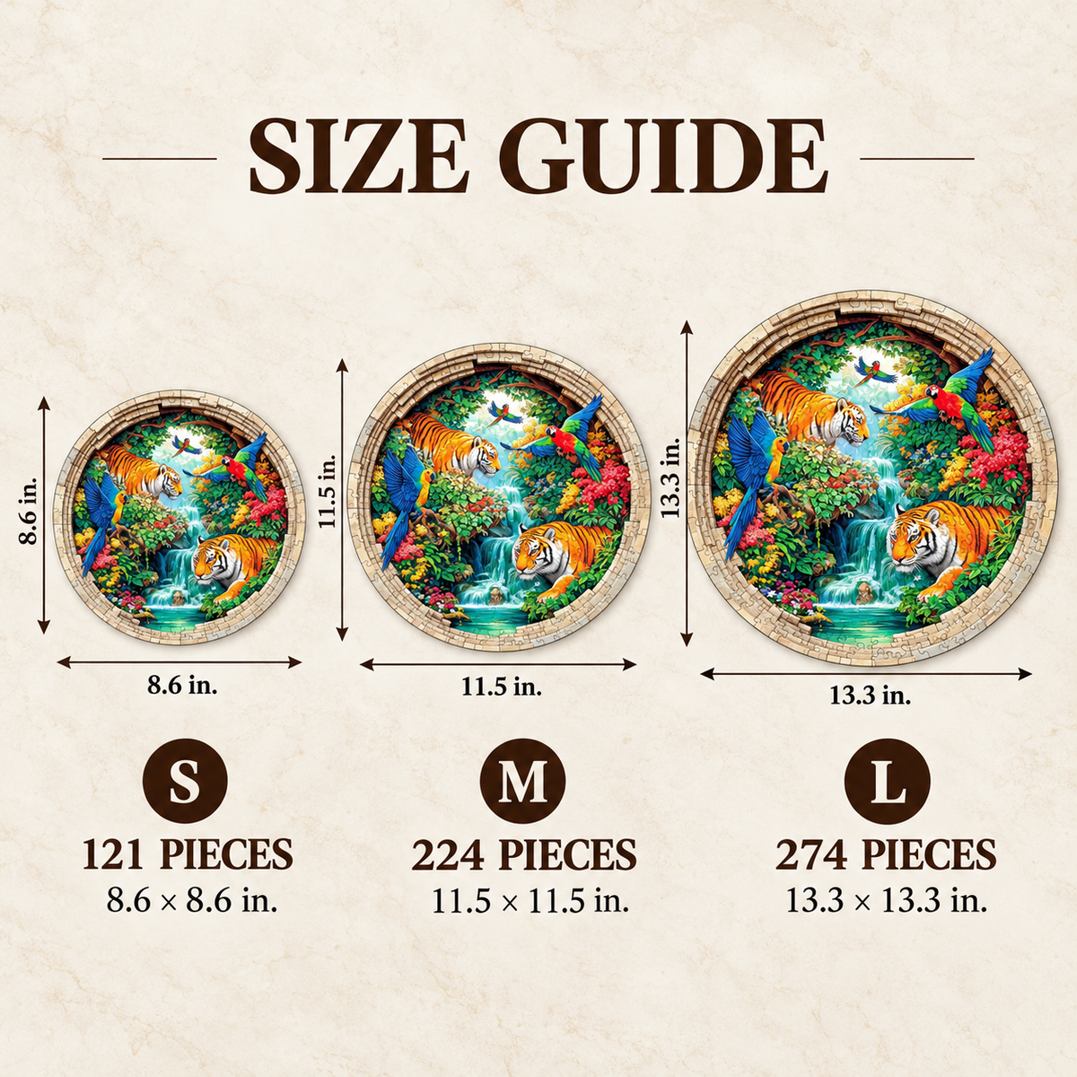 Hidden Jungle Falls Wooden Jigsaw Puzzle – Tigers & Tropical Parrots