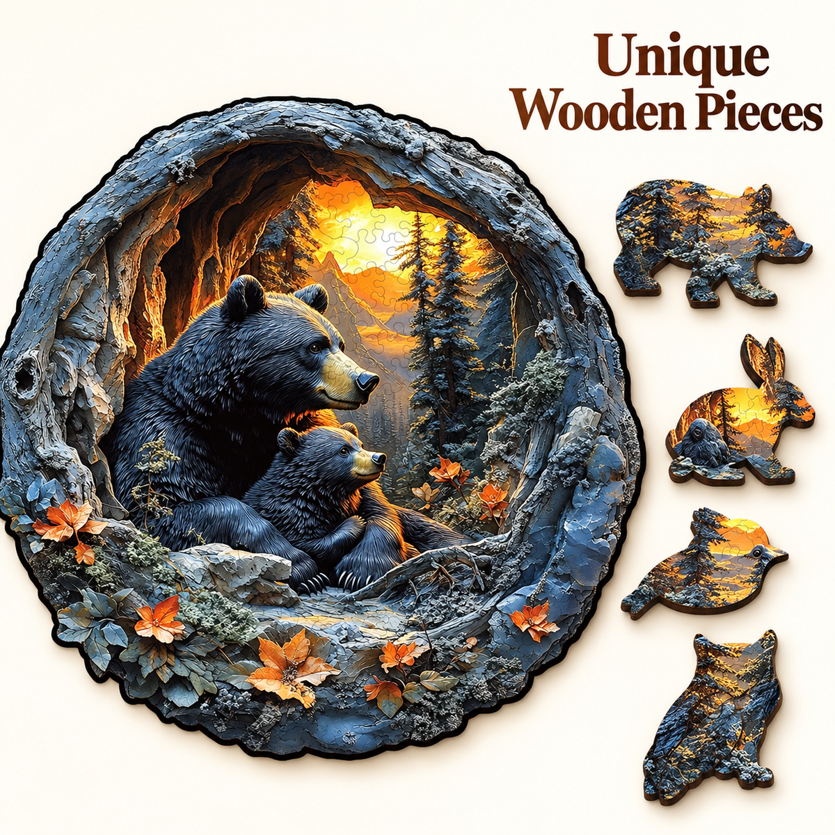 Mother Bear & Cub Wooden Jigsaw Puzzle with 3D Effect Woodland Art