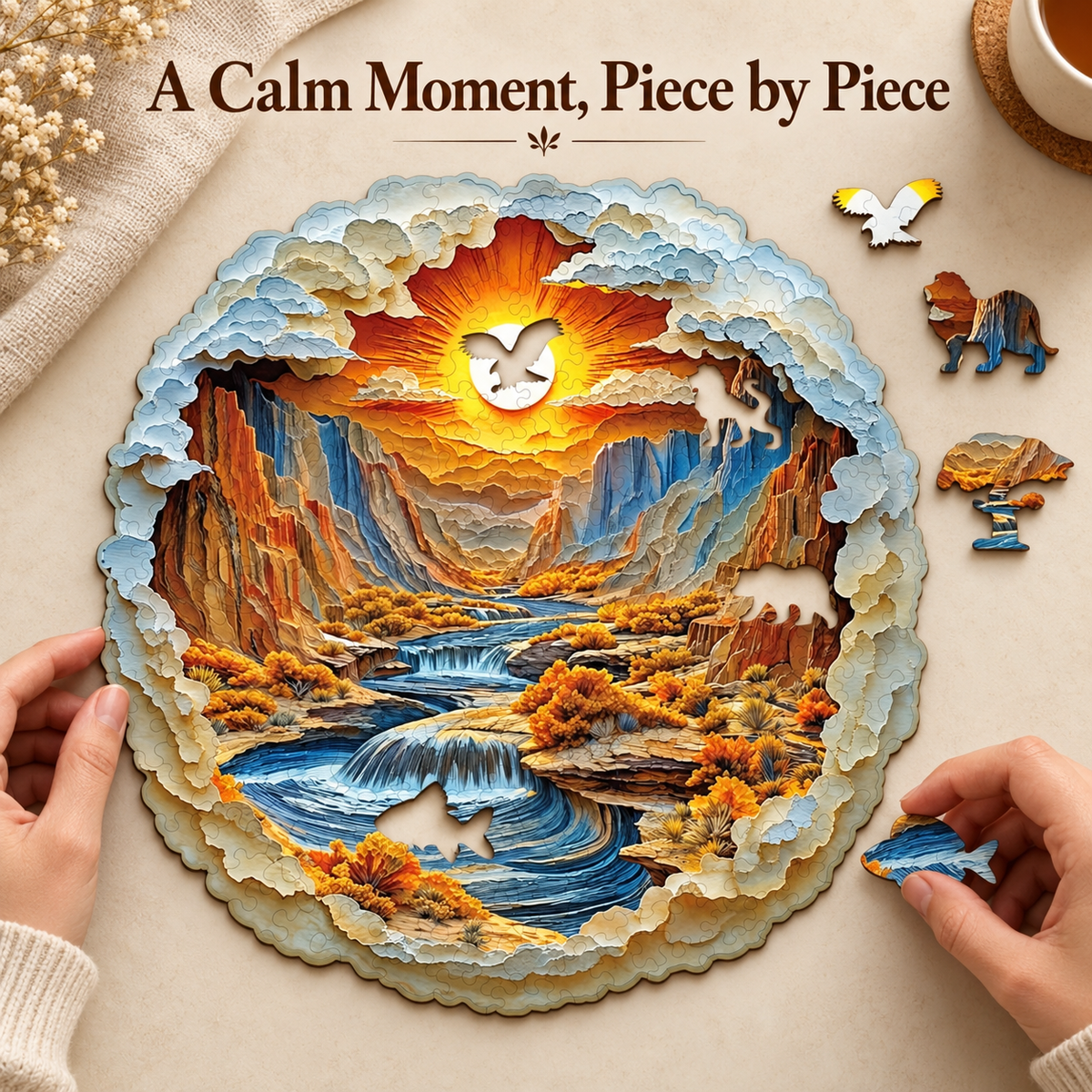 Golden Canyon Waterfalls Wooden Jigsaw Puzzle with 3D Visual Effect
