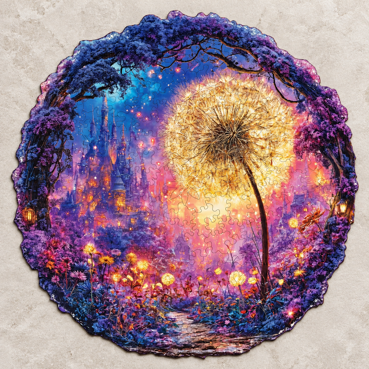 Golden Wish Garden Wooden Jigsaw Puzzle – Glowing Dandelion & Enchanted Castle Art