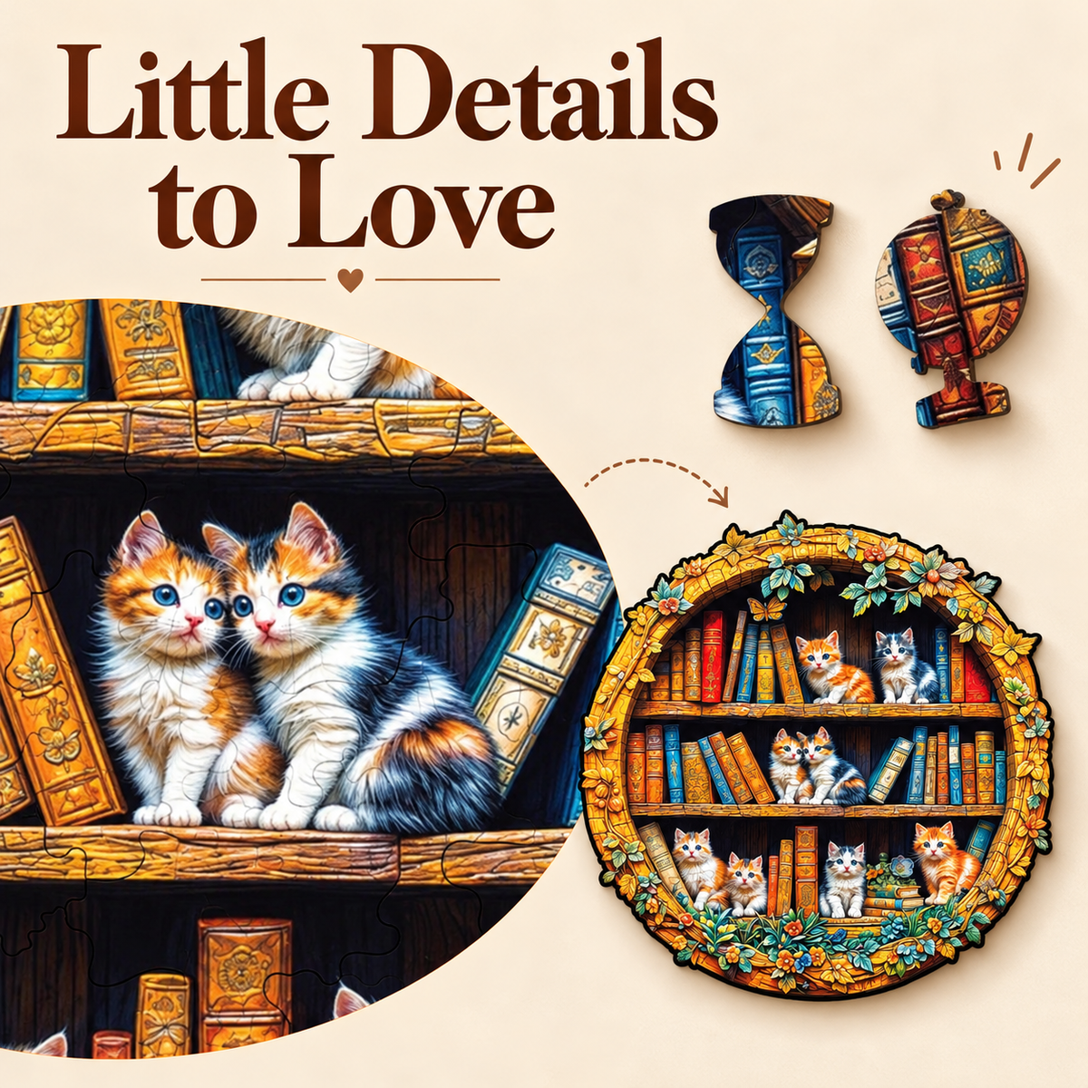 Cozy Bookshelf Kittens Wooden Jigsaw Puzzle with 3D Visual Effect