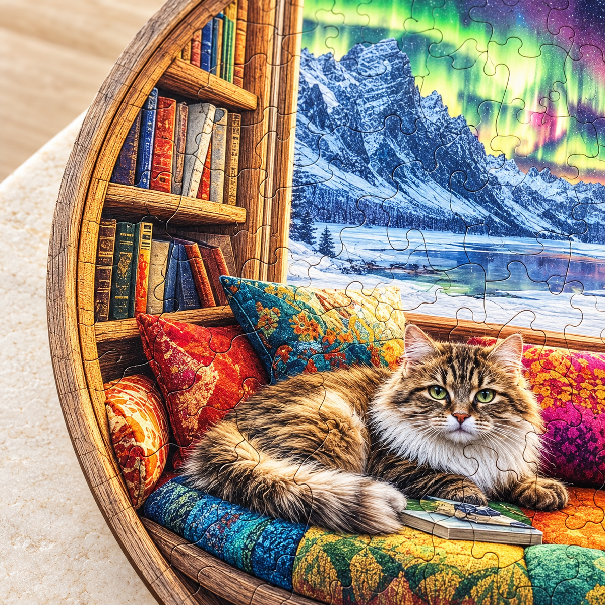 Aurora Reading Nook Wooden Jigsaw Puzzle – Cozy Cat & Bookshelf Scene