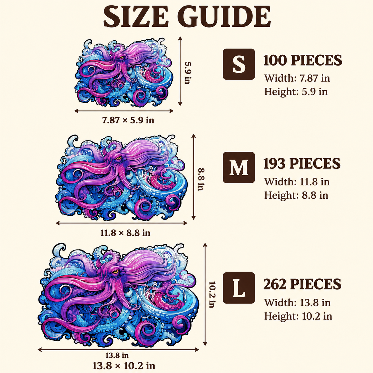 Violet Tides Wooden Jigsaw Puzzle – Octopus & Ocean Wave Art
