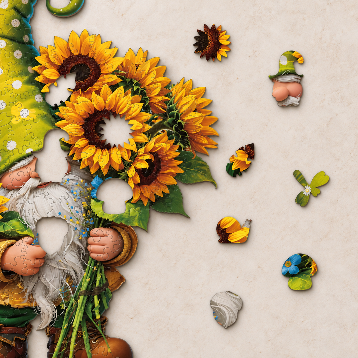 Golden Blooms Garden Gnome Wooden Jigsaw Puzzle