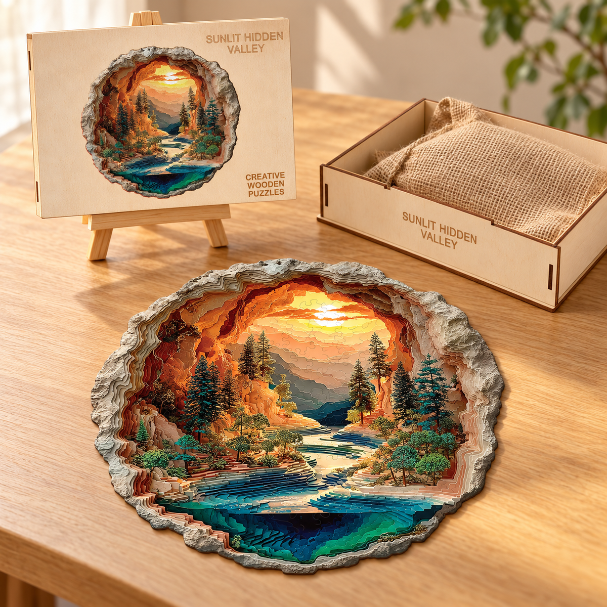 Golden Canyon Retreat Wooden Jigsaw Puzzle – Sunset Valley & River Landscape