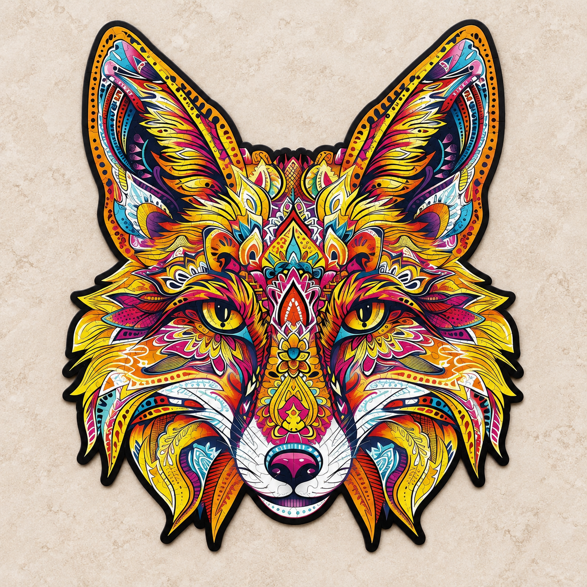 Golden Gaze Fox Wooden Jigsaw Puzzle – Vibrant Mandala Animal Art