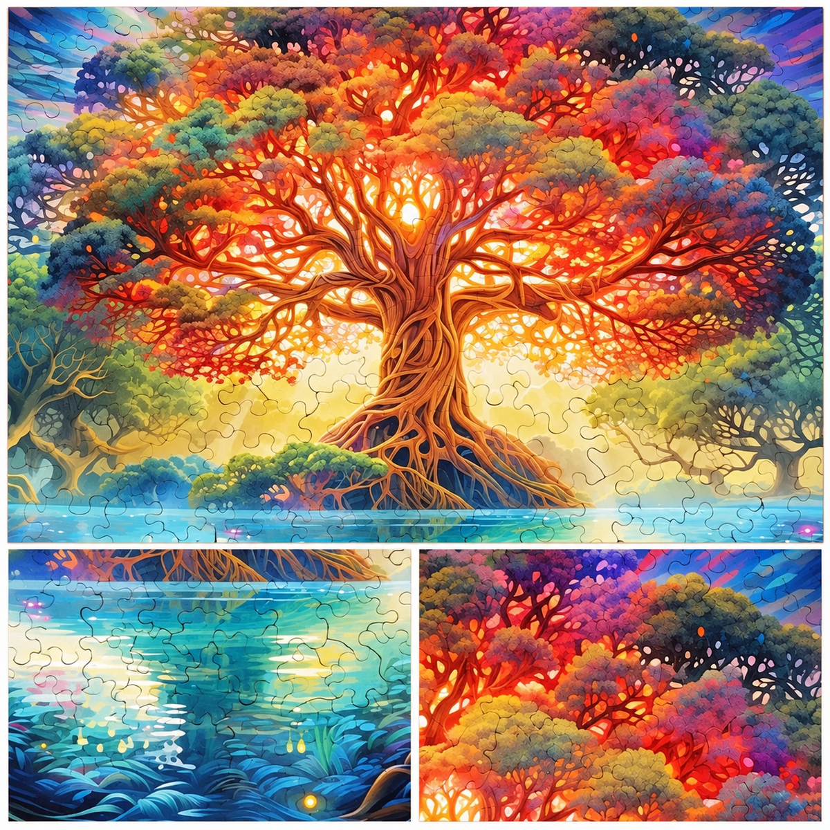 Golden Twilight Tree Wooden Jigsaw Puzzle – Enchanted Forest & Lake Scene