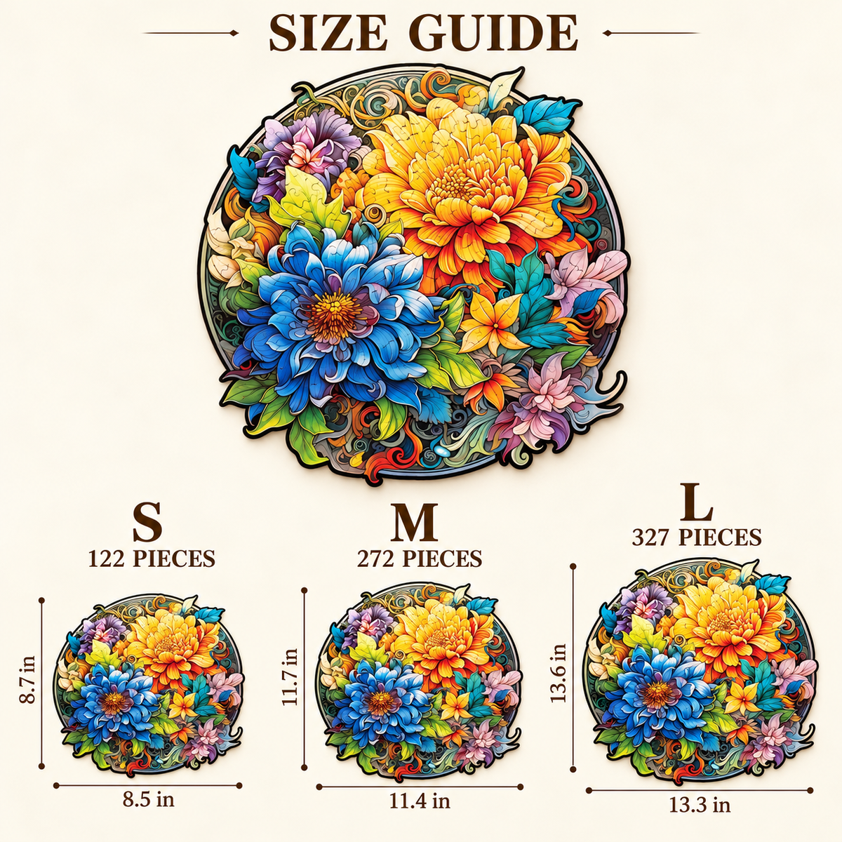 Golden & Blue Blossom Wooden Jigsaw Puzzle – Ornate Floral Garden Art