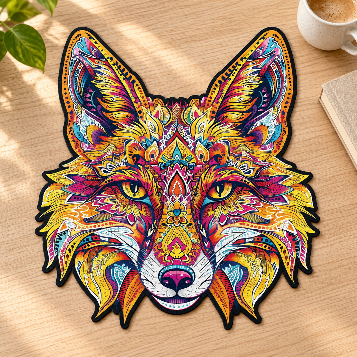 Golden Gaze Fox Wooden Jigsaw Puzzle – Vibrant Mandala Animal Art