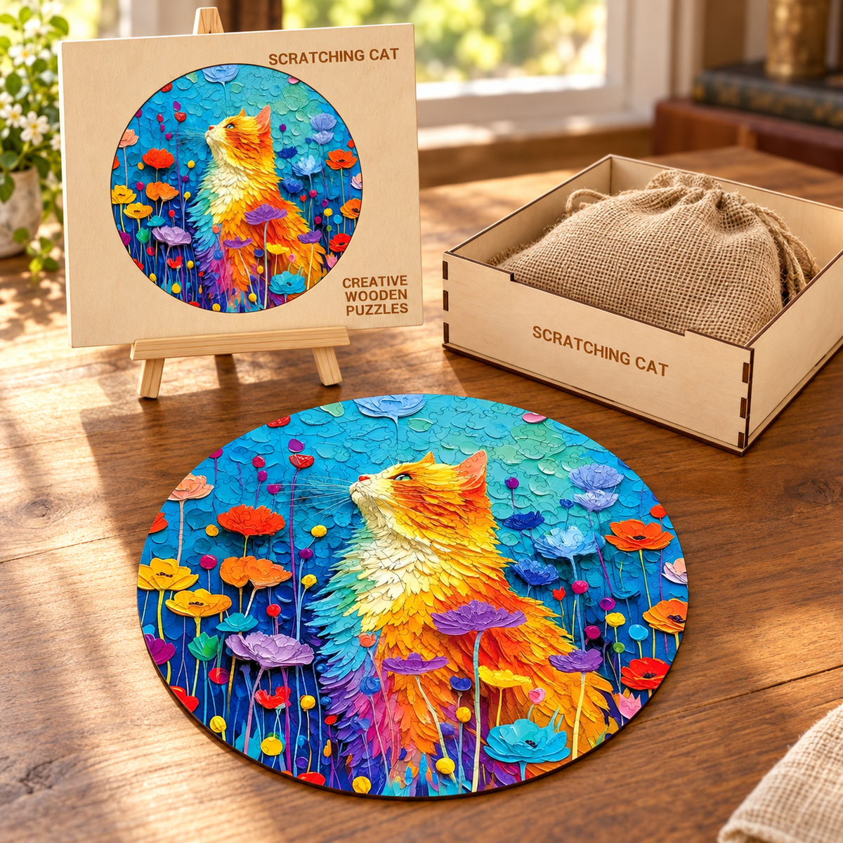 Wildflower Whiskers Wooden Jigsaw Puzzle – Colorful Cat & Floral Garden Art
