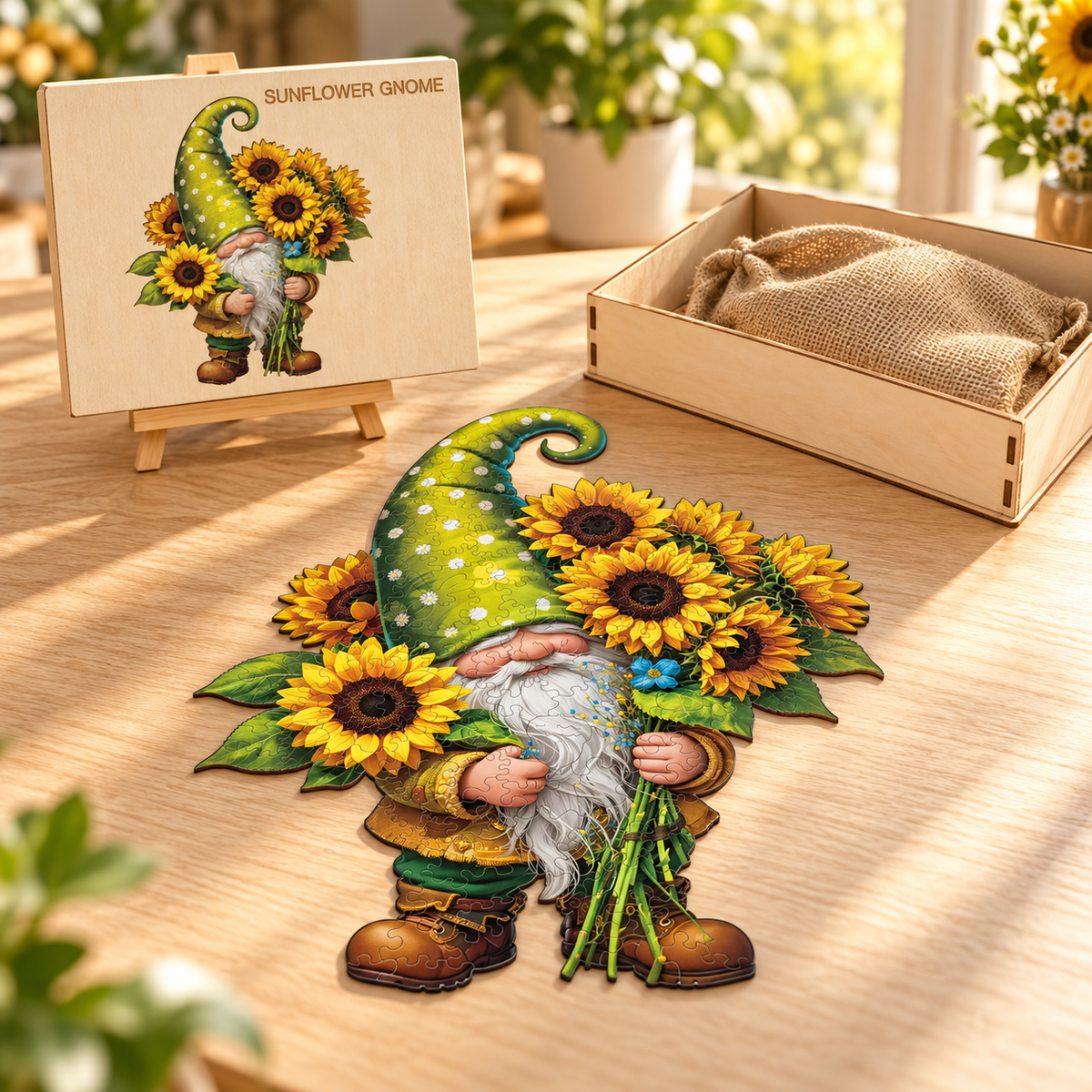 Golden Blooms Garden Gnome Wooden Jigsaw Puzzle