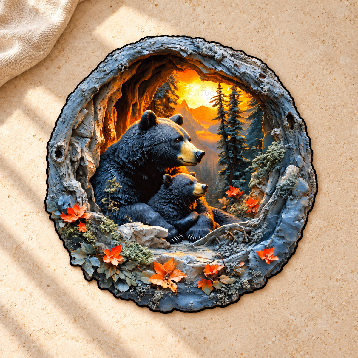 Mother Bear & Cub Wooden Jigsaw Puzzle with 3D Effect Woodland Art