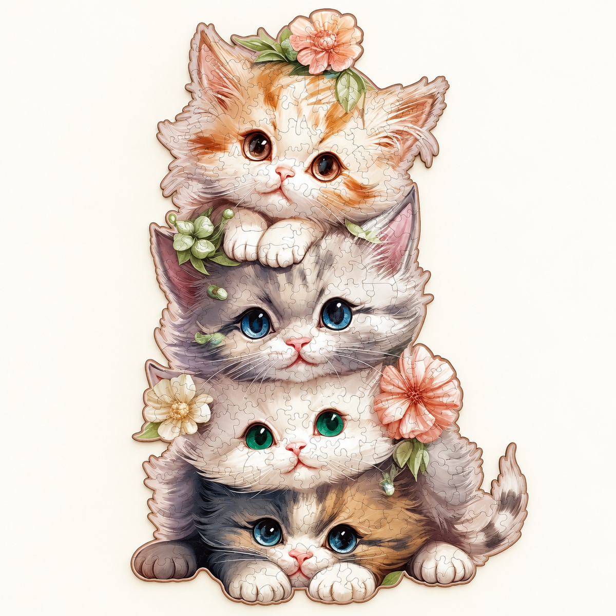 Blossom Kitten Stack Wooden Jigsaw Puzzle – Four Cats & Floral Art
