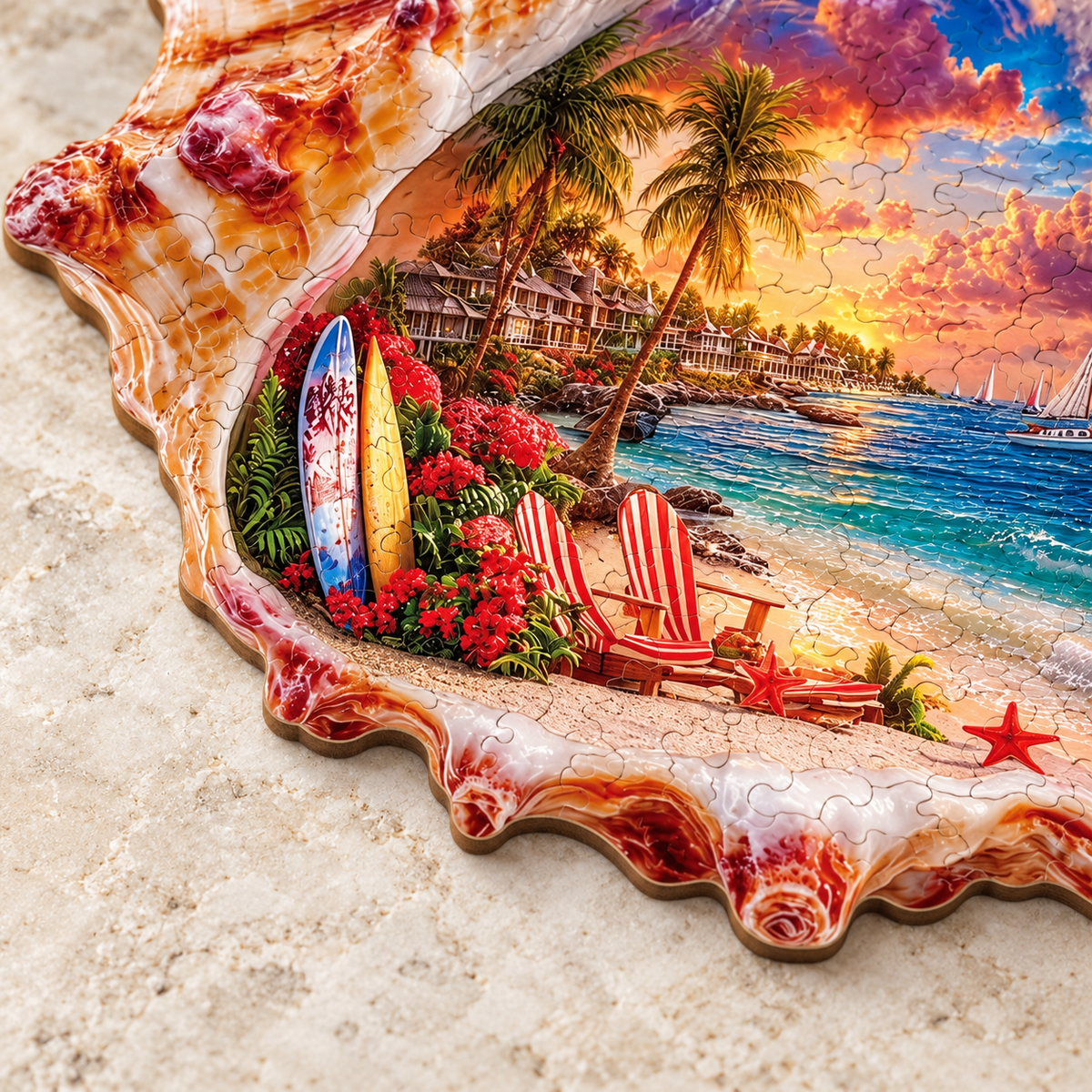 Seashell Sunset Escape Wooden Jigsaw Puzzle – Tropical Beach & Sailboat Scene