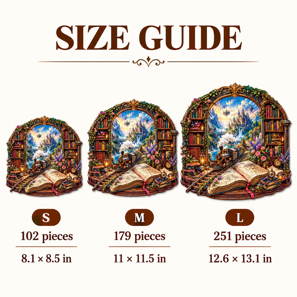 Enchanted Library Express Wooden Jigsaw Puzzle – Fantasy Castle & Steam Train