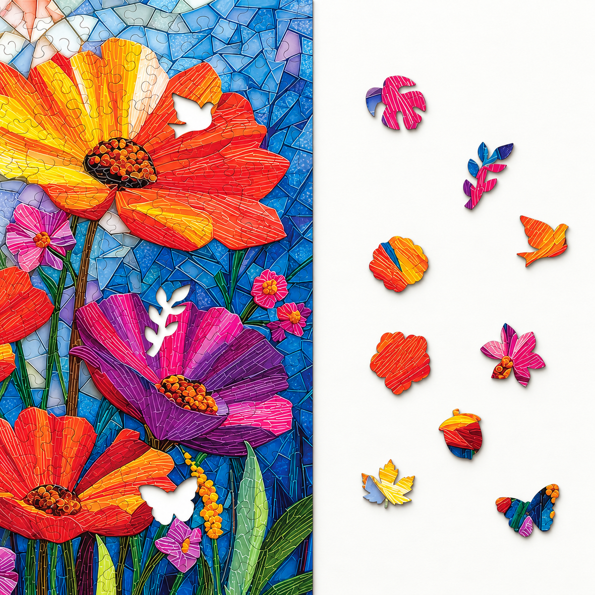 Mosaic Meadow Wooden Jigsaw Puzzle – Colorful Floral Glass Art