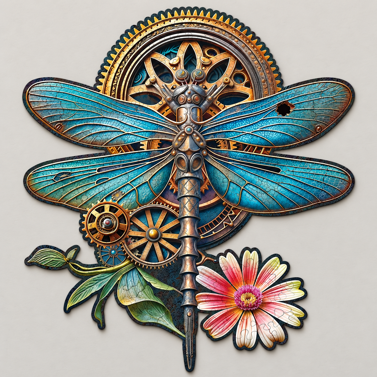 Steampunk Dragonfly Wooden Jigsaw Puzzle – Turquoise Wings & Vintage Gears