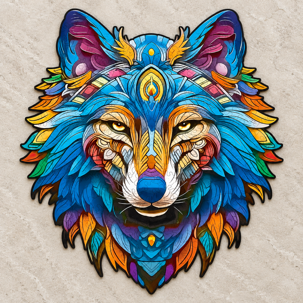 Wild Spirit Wooden Jigsaw Puzzle – Colorful Wolf Portrait & Ornamental Art