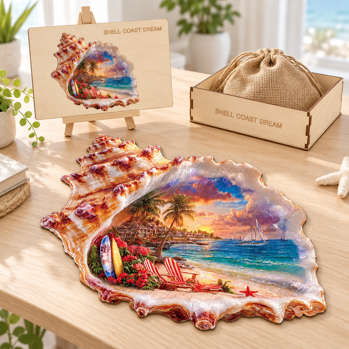 Seashell Sunset Escape Wooden Jigsaw Puzzle – Tropical Beach & Sailboat Scene
