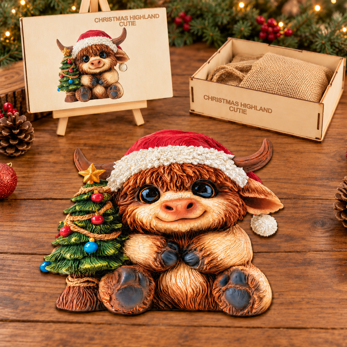 Merry Little Highland Cow Wooden Jigsaw Puzzle – Santa Hat & Christmas Tree