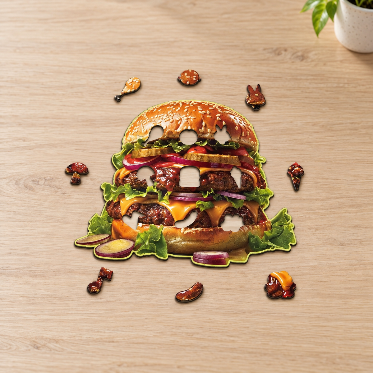 Double Cheeseburger Wooden Jigsaw Puzzle – Burger Shaped Food Art