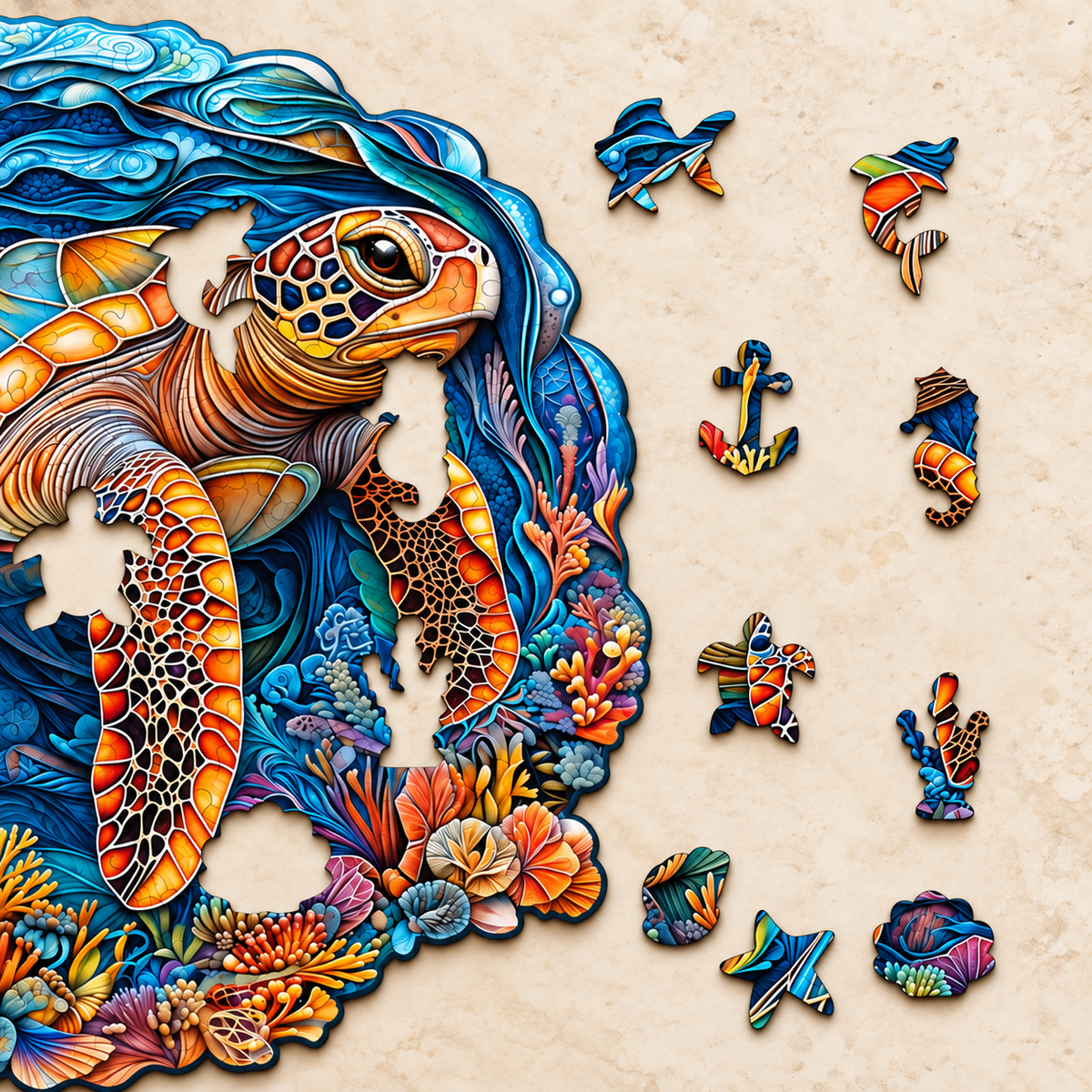 Coral Current Sea Turtle Wooden Jigsaw Puzzle – Colorful Ocean Art