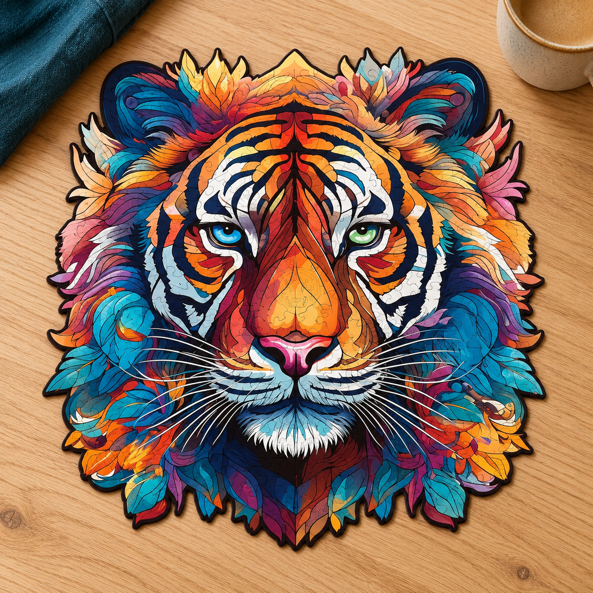 Wild Majesty Tiger Wooden Jigsaw Puzzle – Colorful Feline Portrait