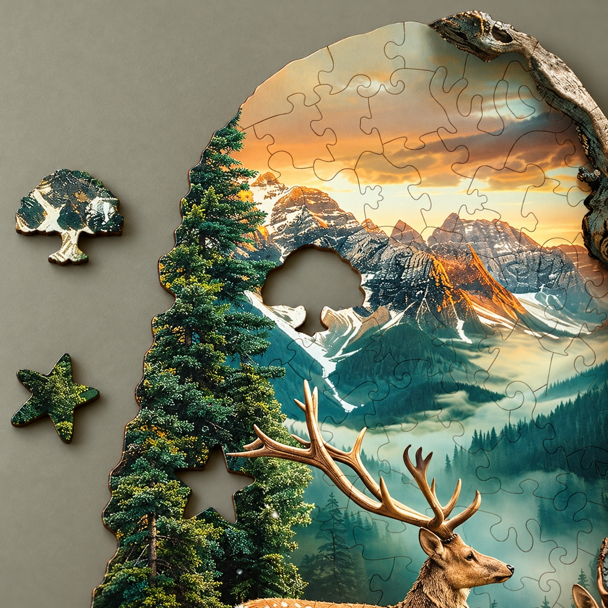 Alpine Deer Retreat Wooden Jigsaw Puzzle – Mountain Sunset & Woodland Wildlife