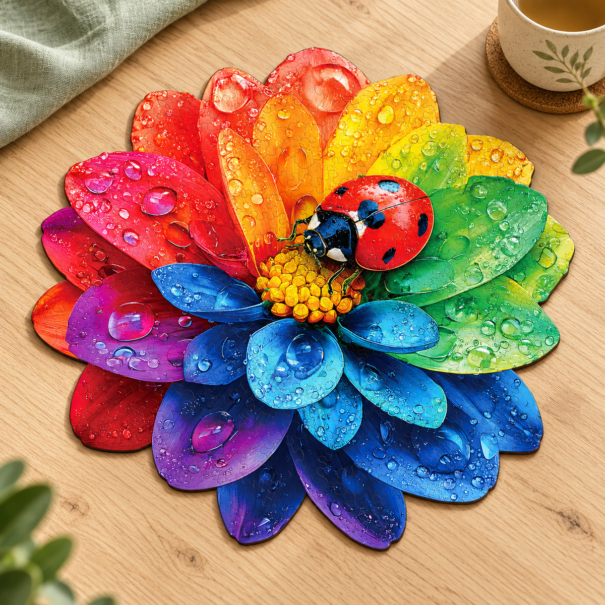 Dewdrop Rainbow Flower Wooden Jigsaw Puzzle – Colorful Ladybug Garden Art