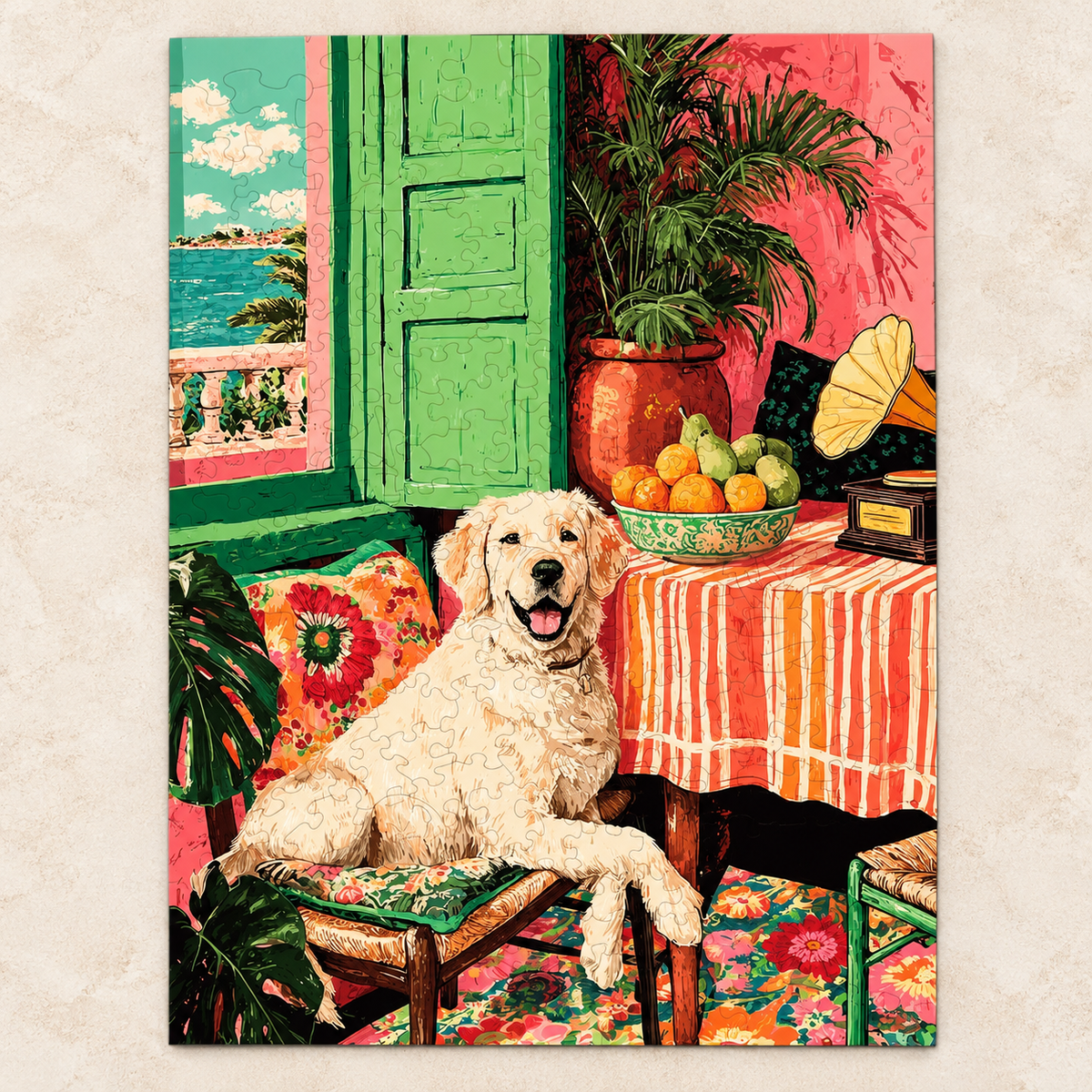 Coastal Golden Retreat Wooden Jigsaw Puzzle – Retriever & Colorful Seaside Room