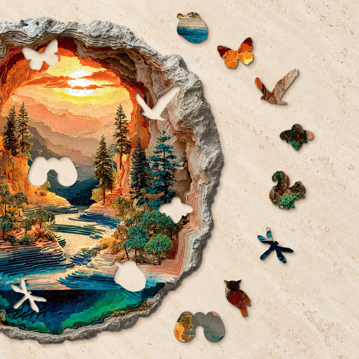 Golden Canyon Retreat Wooden Jigsaw Puzzle – Sunset Valley & River Landscape