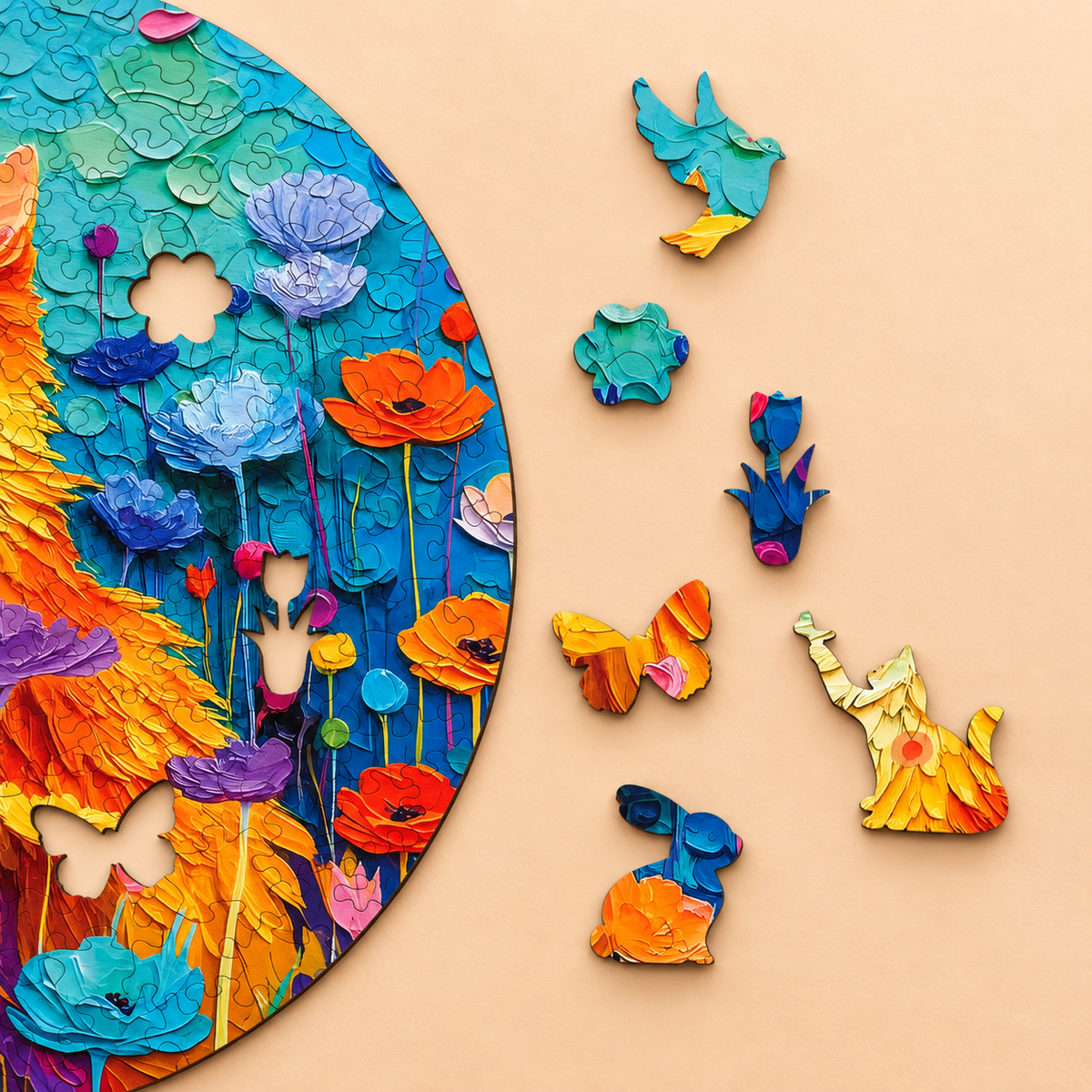 Wildflower Whiskers Wooden Jigsaw Puzzle – Colorful Cat & Floral Garden Art