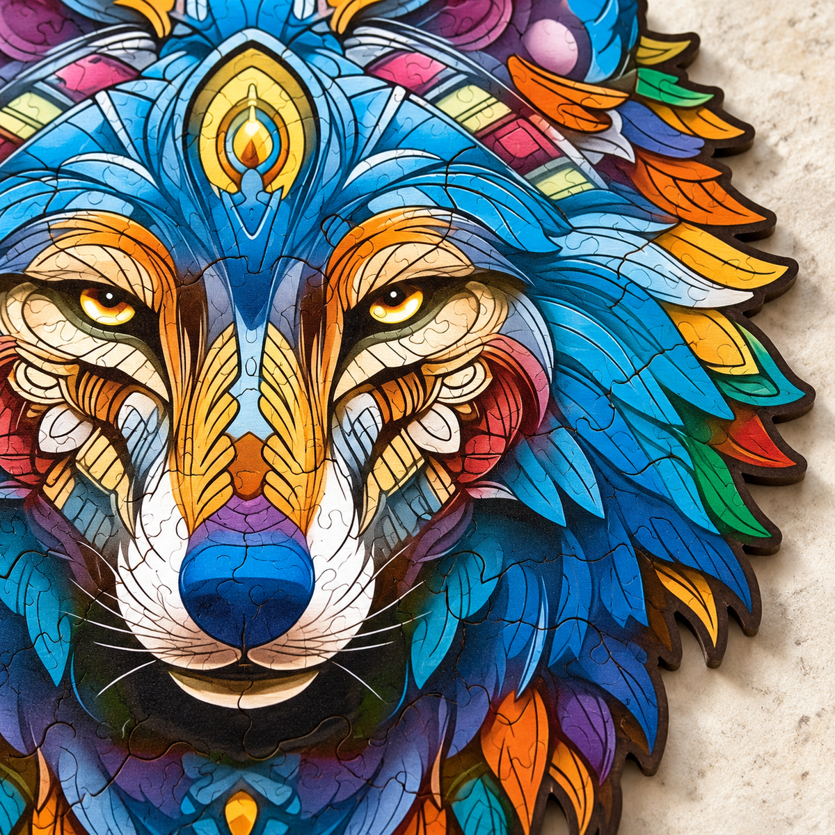 Wild Spirit Wooden Jigsaw Puzzle – Colorful Wolf Portrait & Ornamental Art