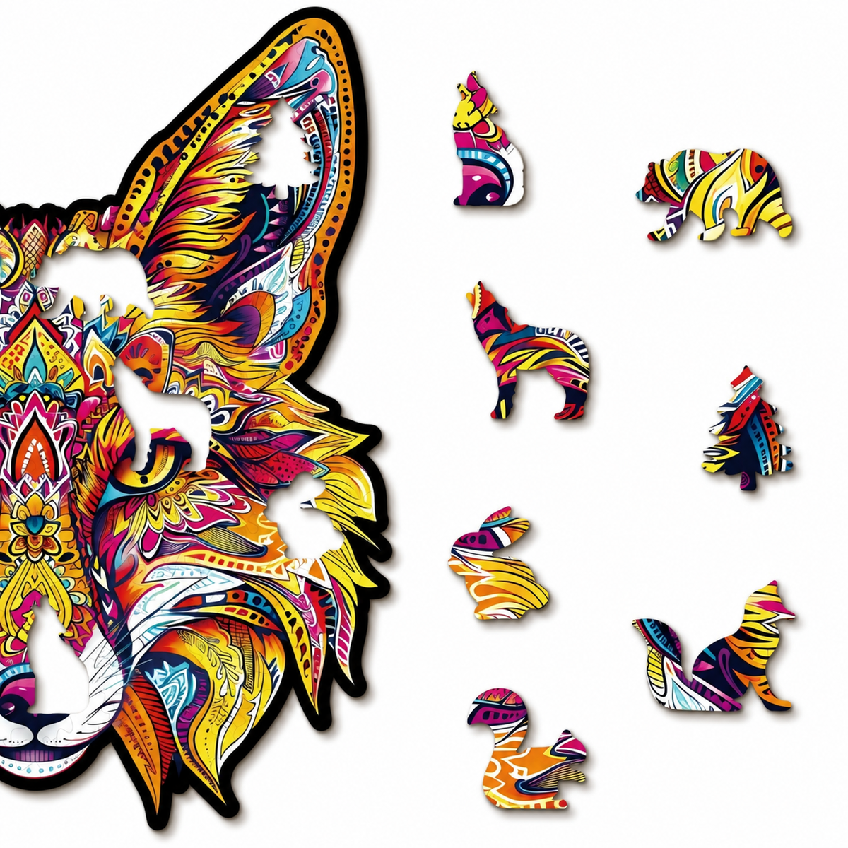 Golden Gaze Fox Wooden Jigsaw Puzzle – Vibrant Mandala Animal Art