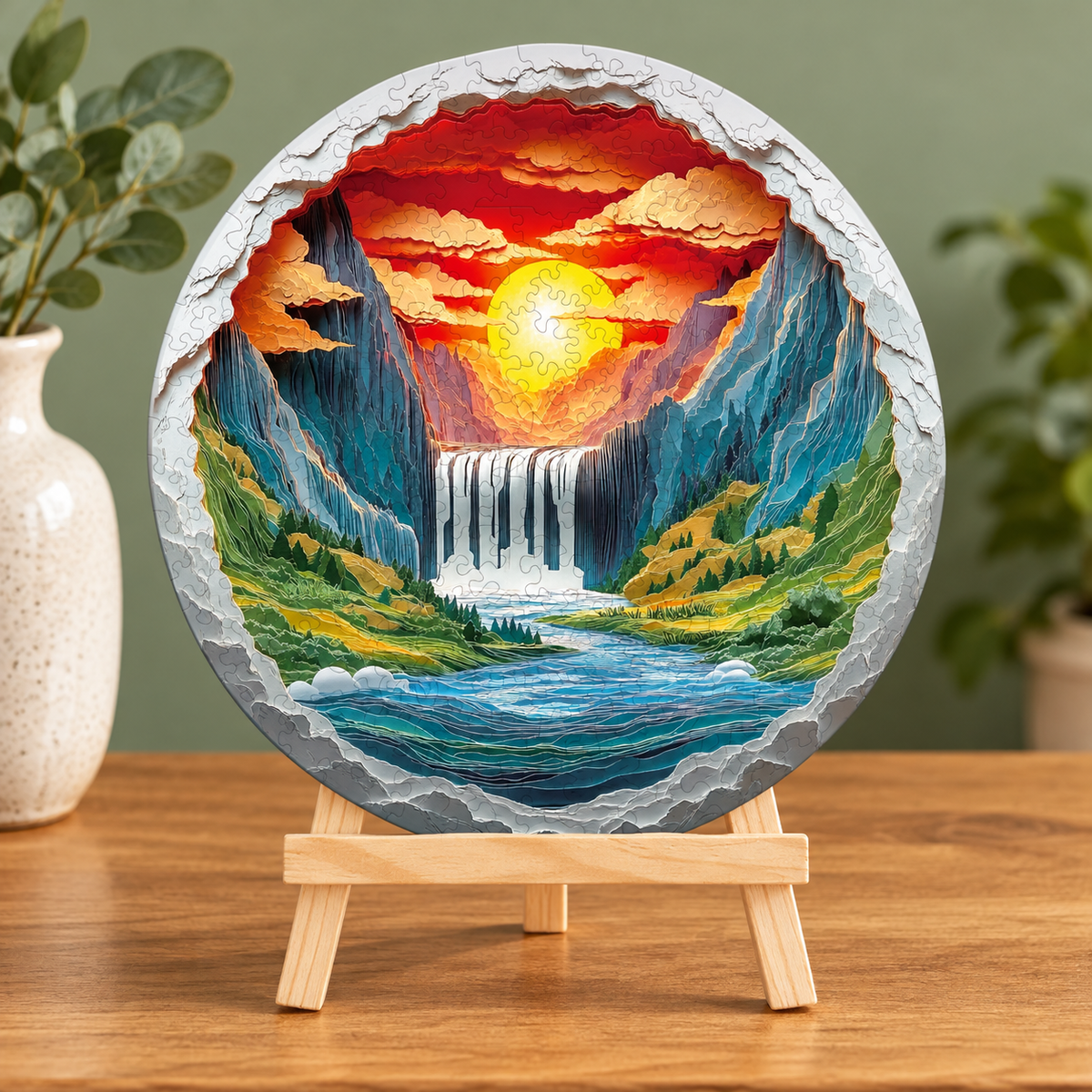 Golden Sunset Canyon Wooden Jigsaw Puzzle with Waterfall Art & 3D Visual Effect