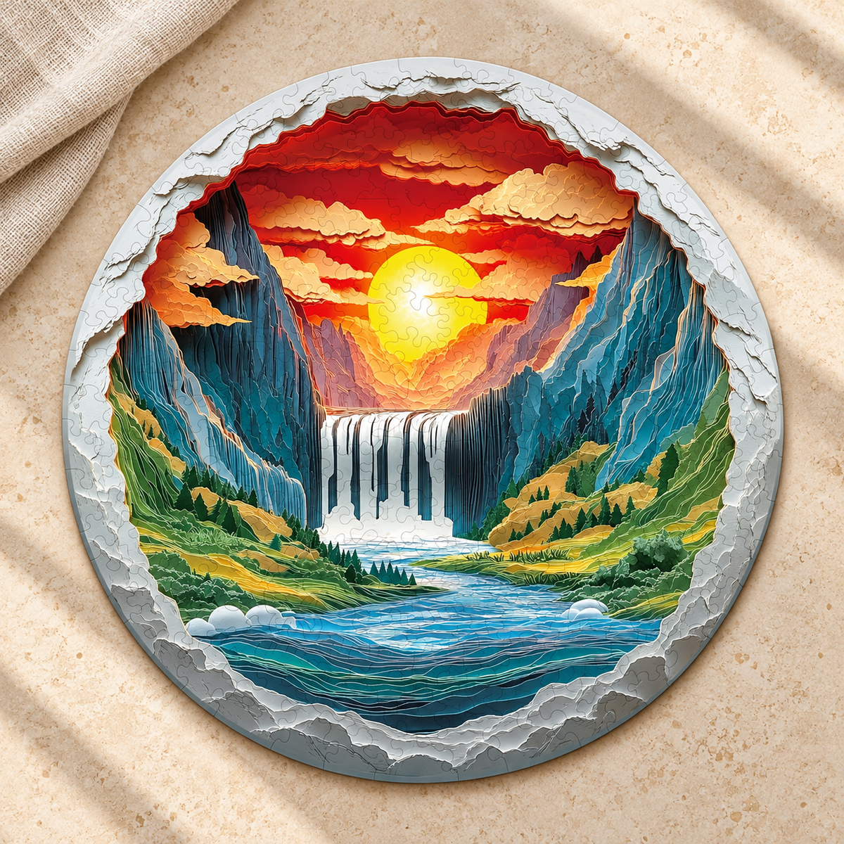 Golden Sunset Canyon Wooden Jigsaw Puzzle with Waterfall Art & 3D Visual Effect