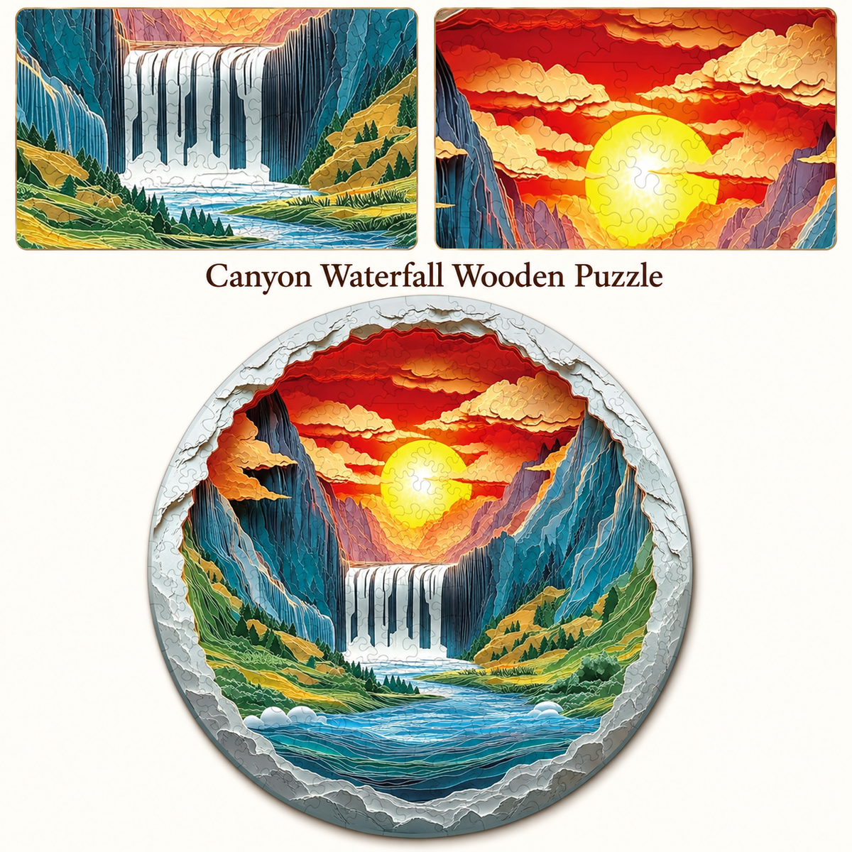 Golden Sunset Canyon Wooden Jigsaw Puzzle with Waterfall Art & 3D Visual Effect