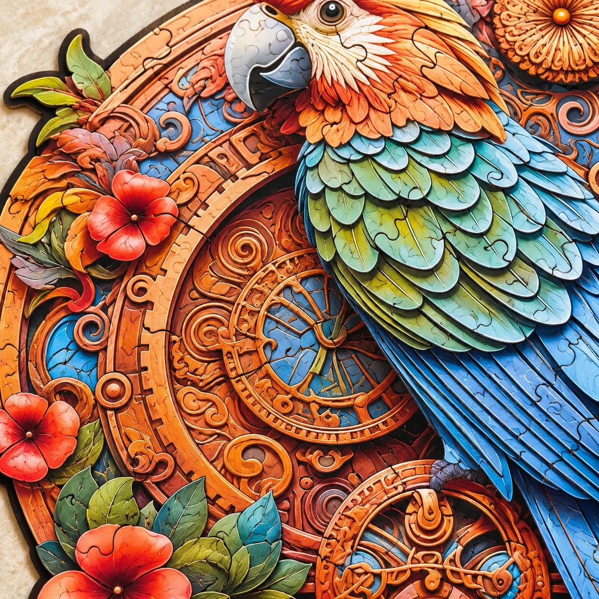 Clockwork Wings Wooden Jigsaw Puzzle – Colorful Parrot & Ornate Gear Art