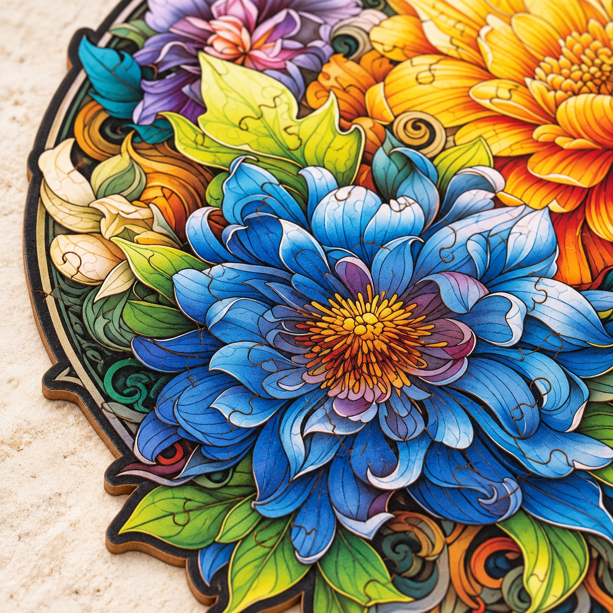 Golden & Blue Blossom Wooden Jigsaw Puzzle – Ornate Floral Garden Art
