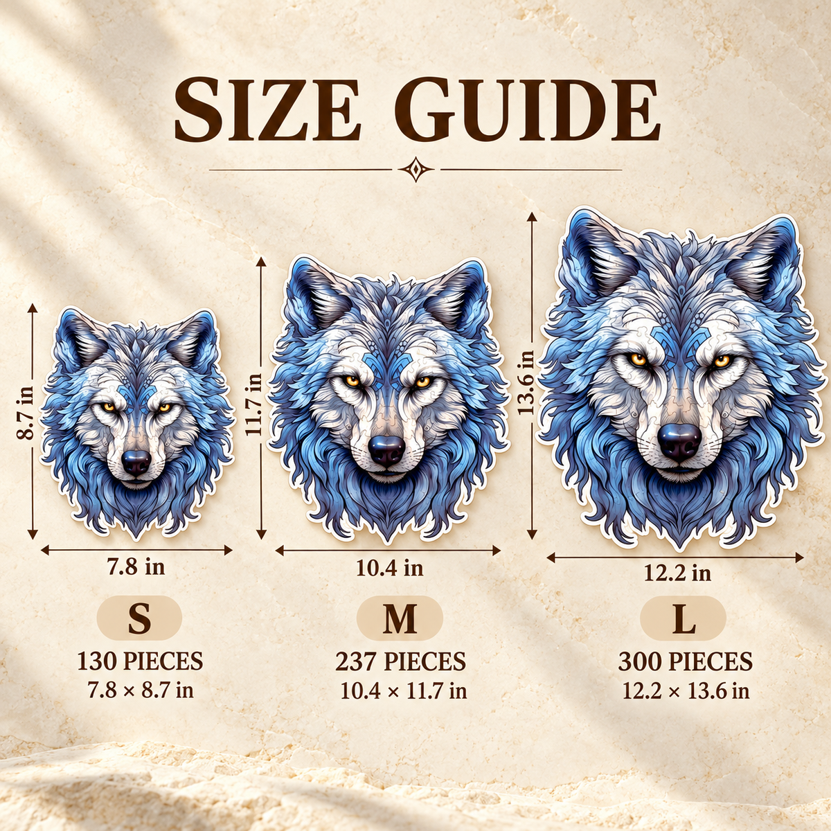Frost Guardian Wooden Jigsaw Puzzle – Blue Wolf Portrait with Golden Eyes