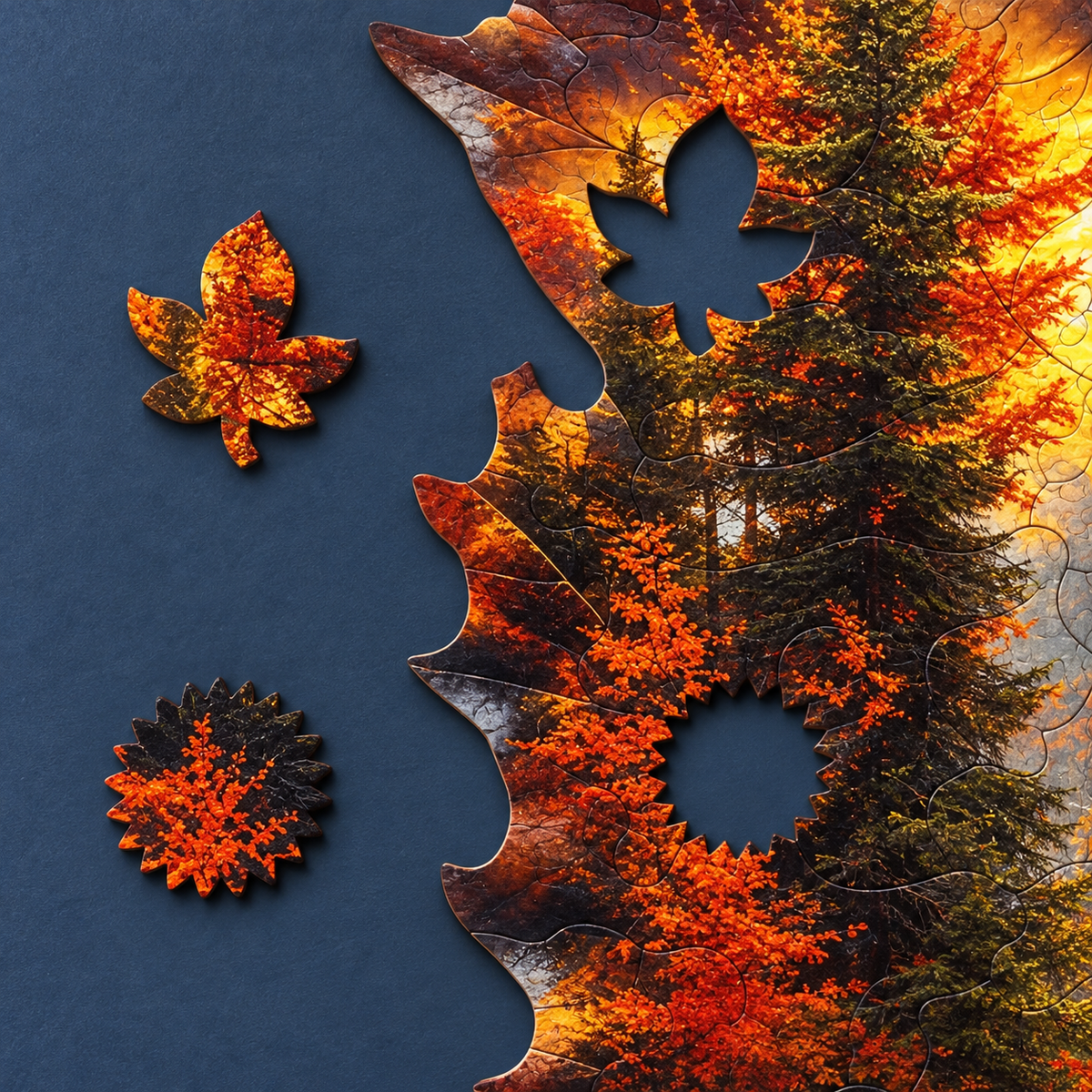 Autumn Tiger Haven Wooden Jigsaw Puzzle – Maple Leaf Shaped Wildlife Art