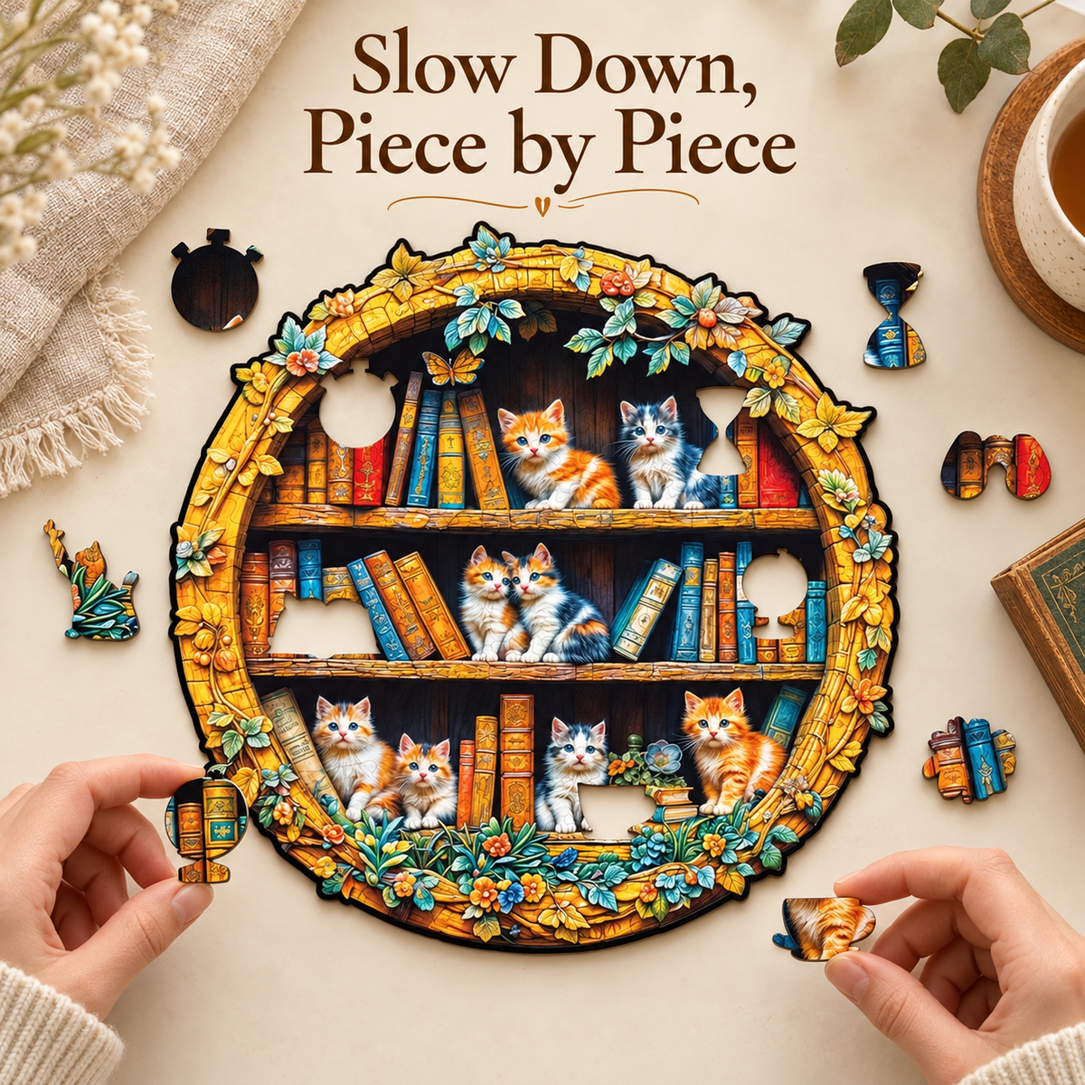 Cozy Bookshelf Kittens Wooden Jigsaw Puzzle with 3D Visual Effect